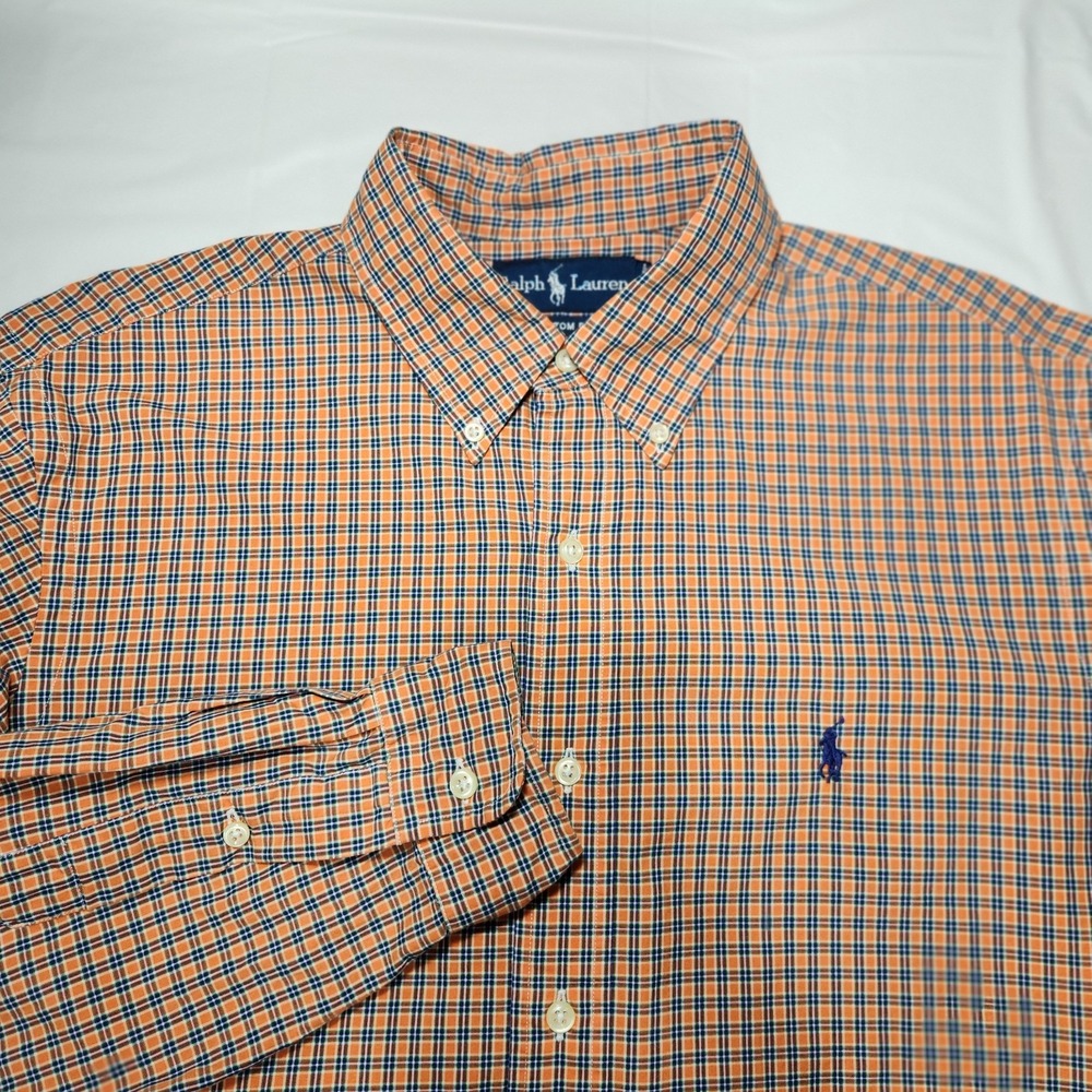 Ralph Lauren Polo Shirt Mens Medium Orange / Blue Plaid & Blue Pony Button Down